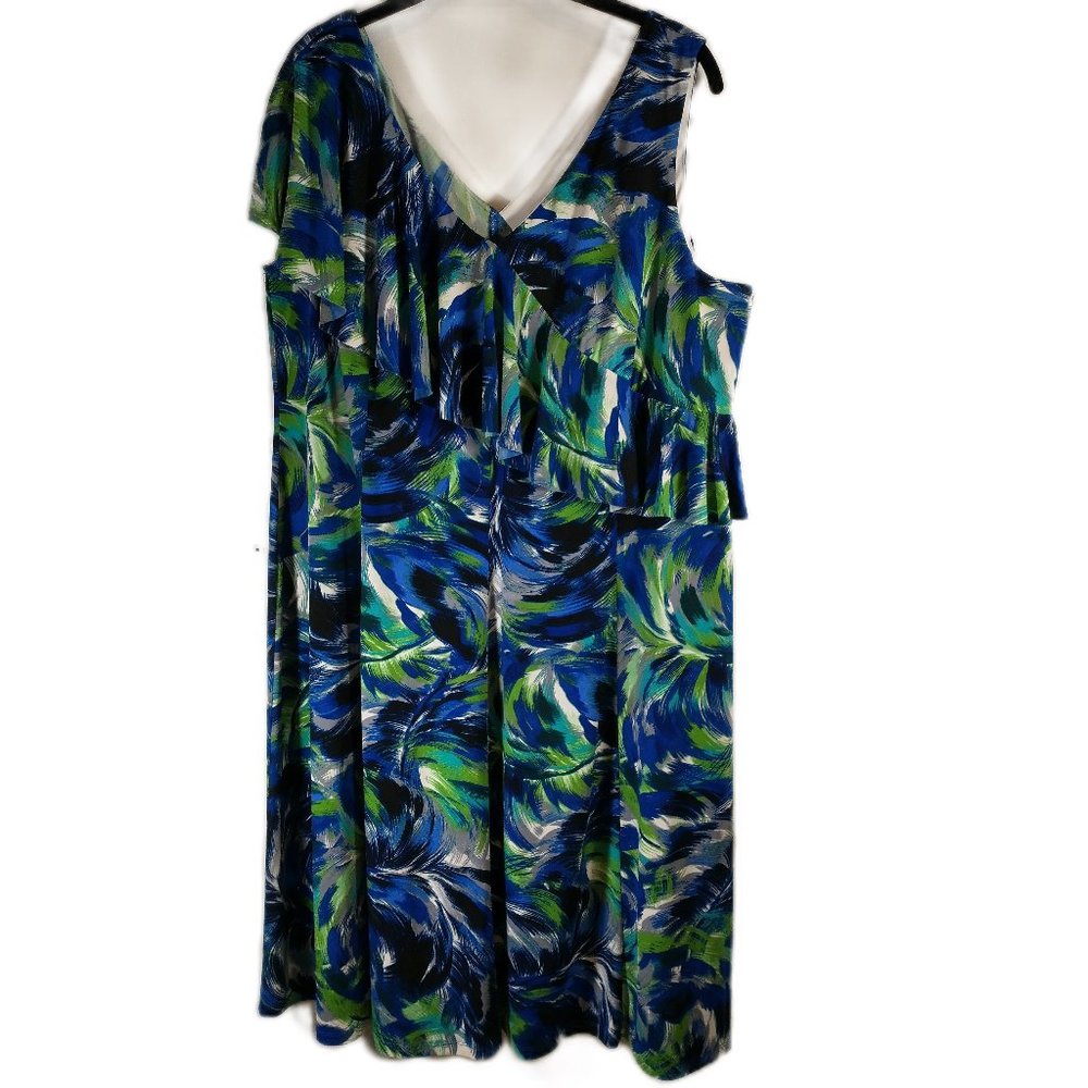 London Times blue/green tropical print summer dress, ruffle neckline, 2X